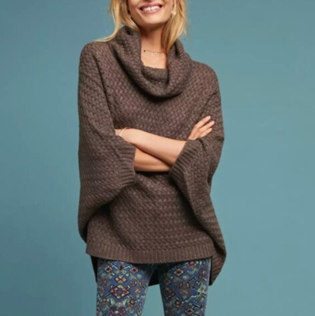 Moth Anthropologie Cowl Cozy Brown Knit Poncho / Shawl Sweater Size Xl